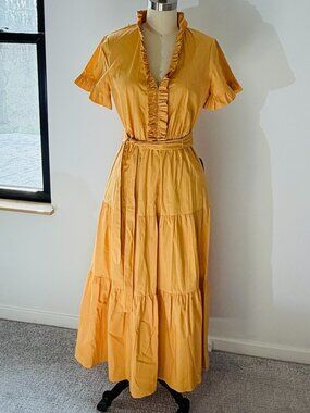 Donna Morgan Short-Sleeved Mustard Ruffled Tiered Maxi Dress, Size 4- New!